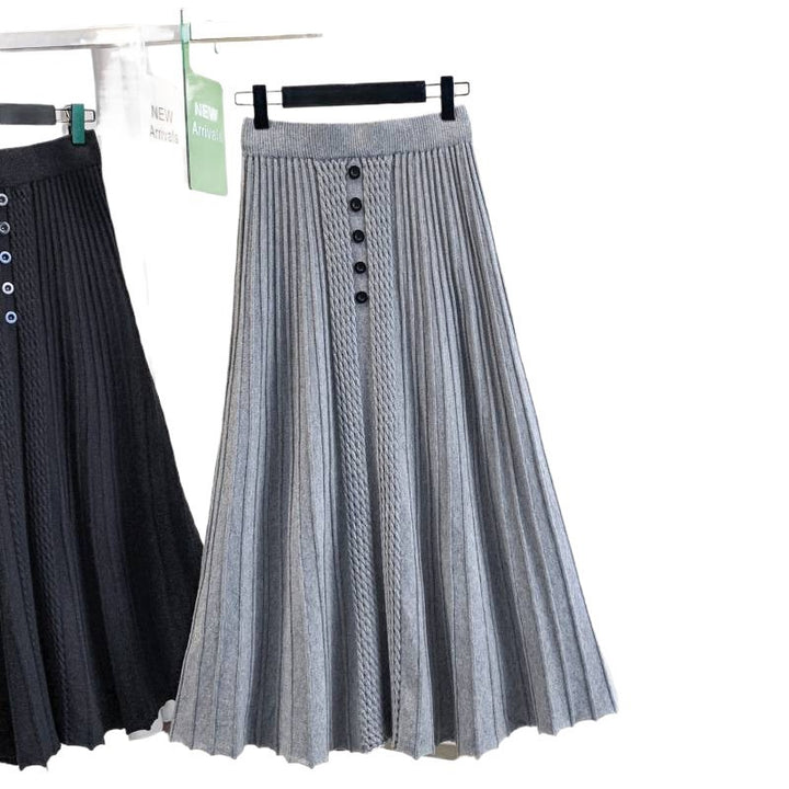 Women's Pleated Maxi Skirt with Button Details and Fine Wave Pattern Mune Fashion