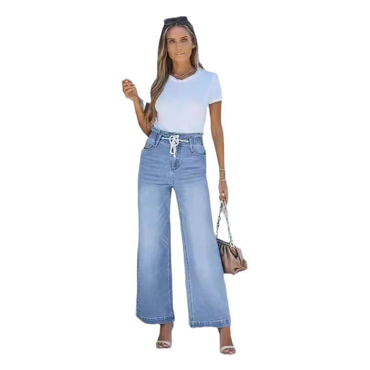 Women high-waisted wide-leg jeans with drawstring waistband and casual culotte silhouette Mune Fashion