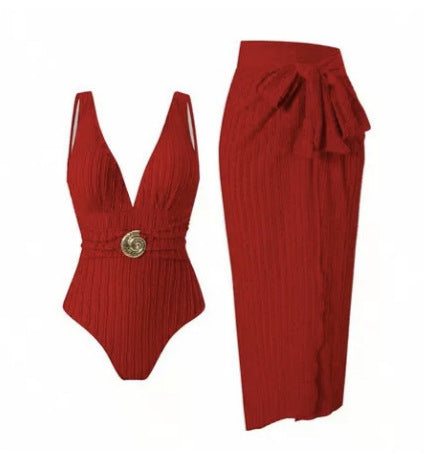 Women's swimsuit with feminine wrap skirt and elegant jewelry detail Mune Fashion