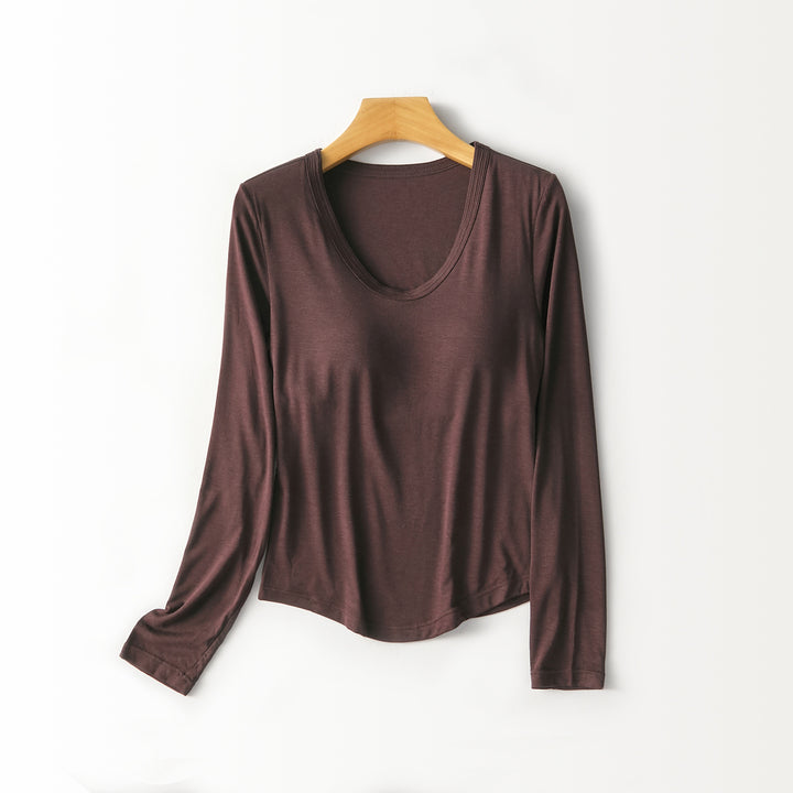 Women Figure-Flattering Long Sleeve Shirt with Deep V-Neck Mune Fashion