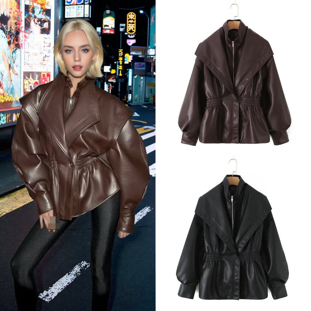 Women's faux leather jacket with XXL shawl collar, waist elastic and balloon sleeves Mune Fashion