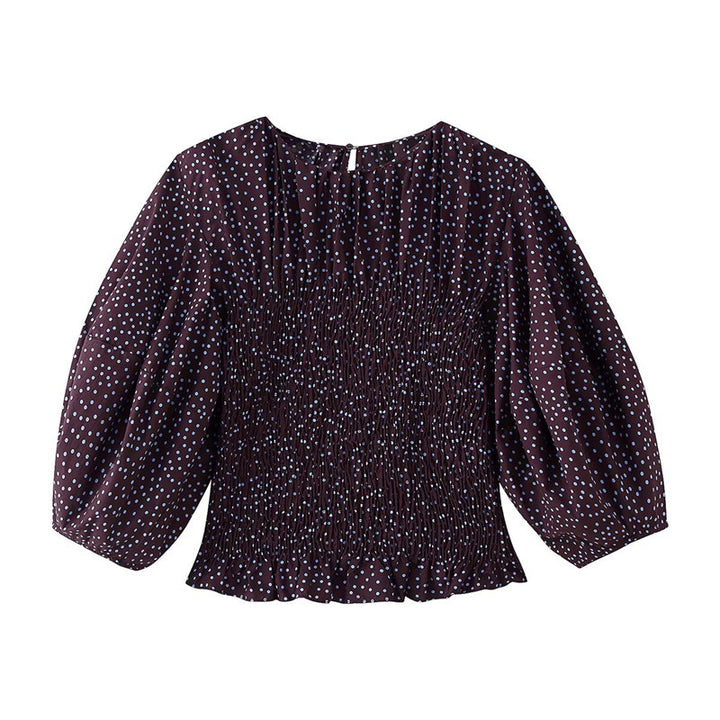 Women gathered polka dot top with elastic smocked body, balloon sleeves and ruffle hem Mune Fashion