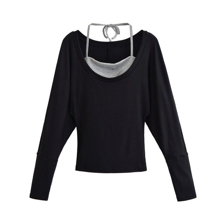 Women's Layered Long Sleeve Shirt with Integrated Spaghetti Strap Cami and Wide Round Neck Mune Fashion