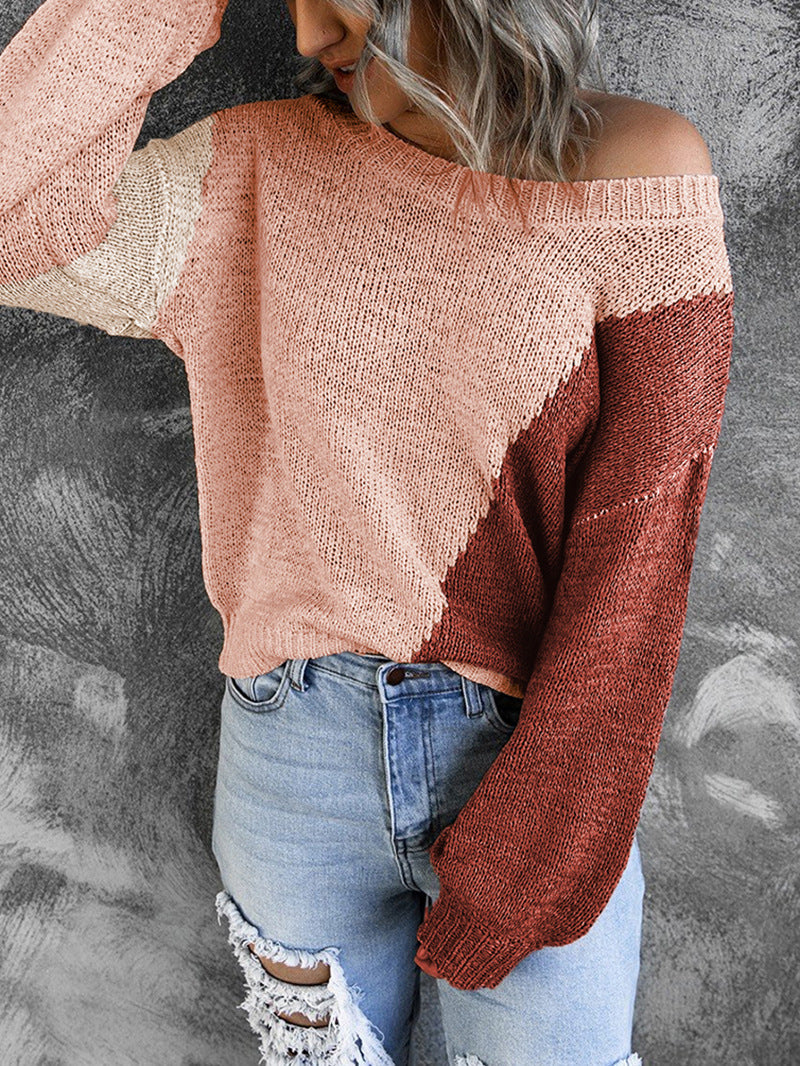 Women's Oversize Knit Sweater with Off-the-Shoulder Cut and Color Block Design Mune Fashion
