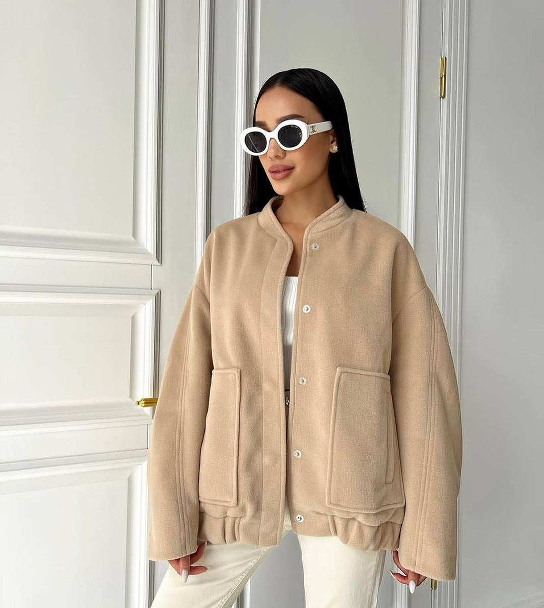 Women's short-cut boxy wool blend blouson with snap button placket and patch pockets Mune Fashion