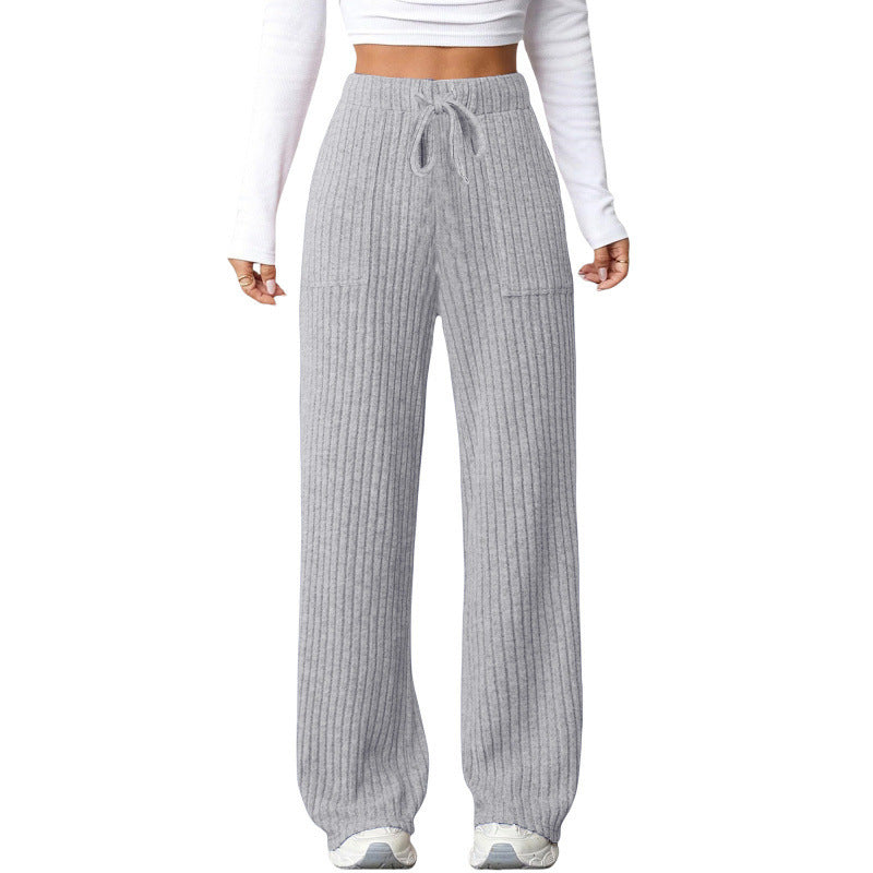 Ladies Wide Ribbed Lounge Pants with Drawstring and Patch Pockets Mune Fashion