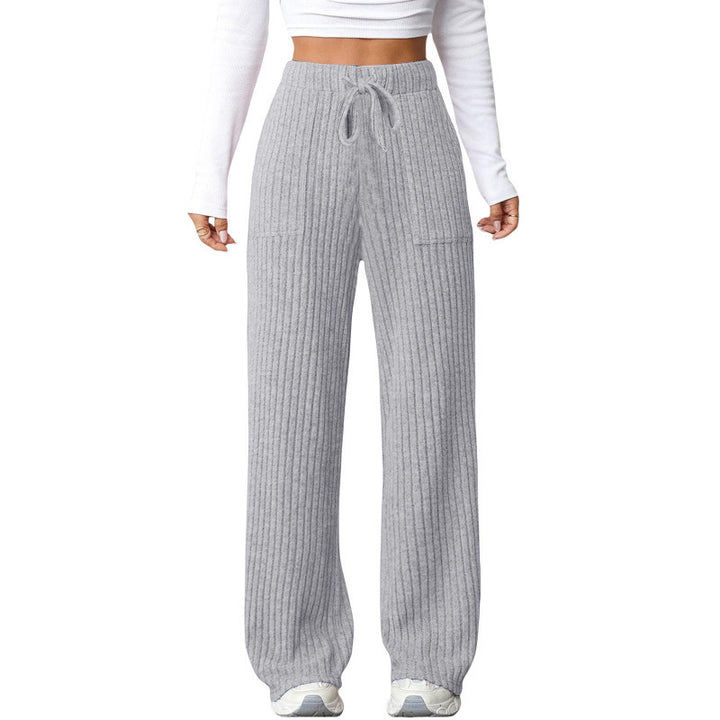 Ladies Wide Ribbed Lounge Pants with Drawstring and Patch Pockets Mune Fashion