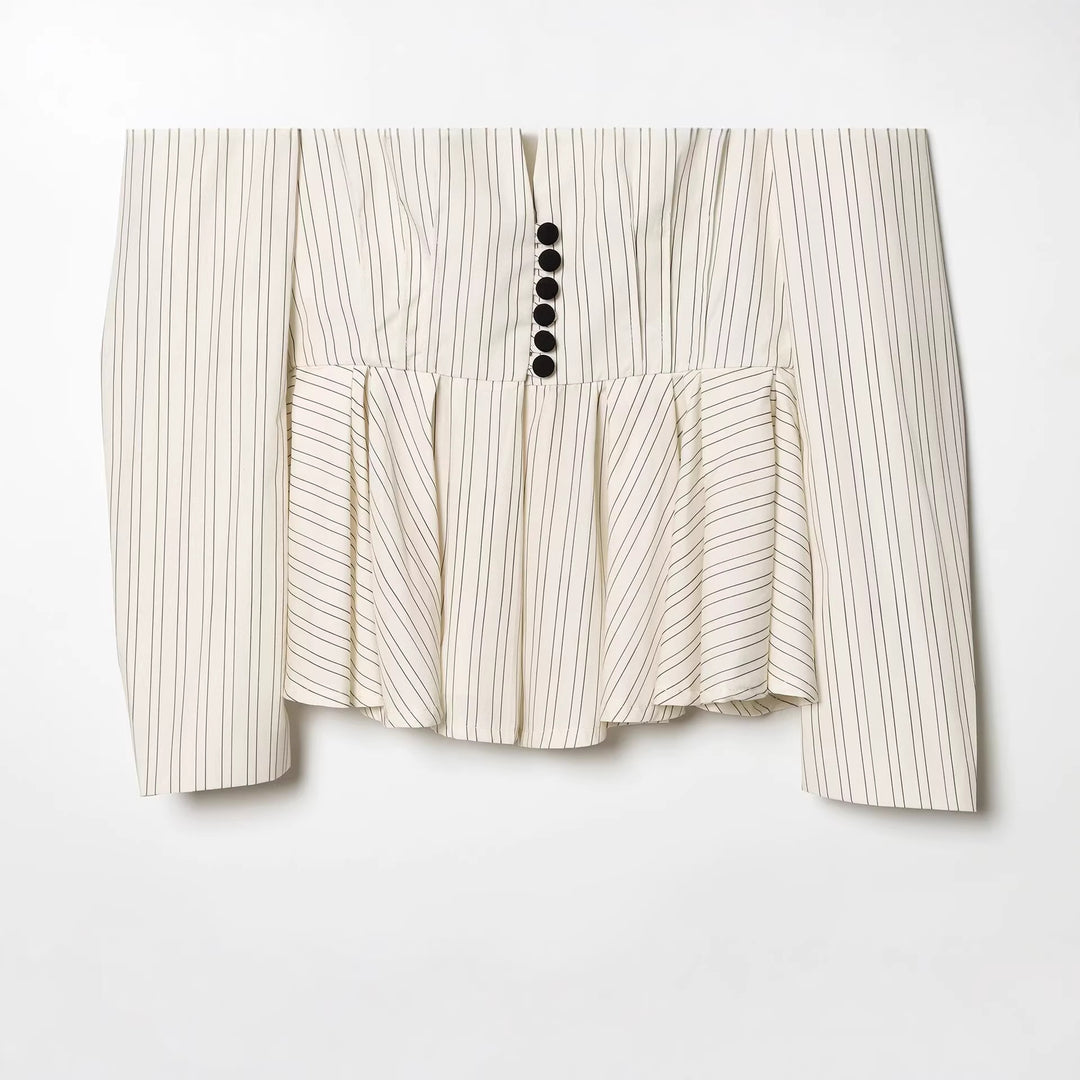Ladies Tailored Pinstripe Blazer with Shawl Collar and Peplum Mune Fashion