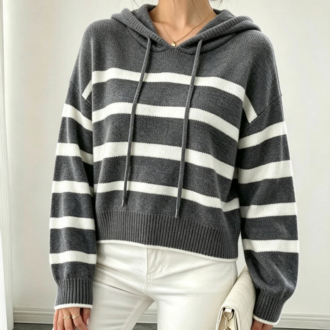 Women's hooded knit sweater in maritime look with ribbed hem and relaxed fit Mune Fashion