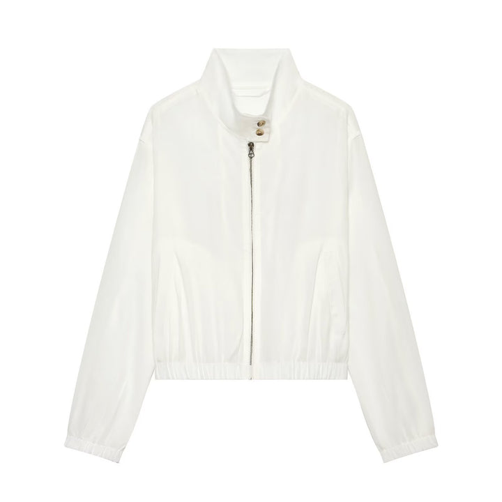 Women's Lightweight Windbreaker Bomber Jacket with Stand-Up Collar, Two-Way Zipper and Elastic Cuff