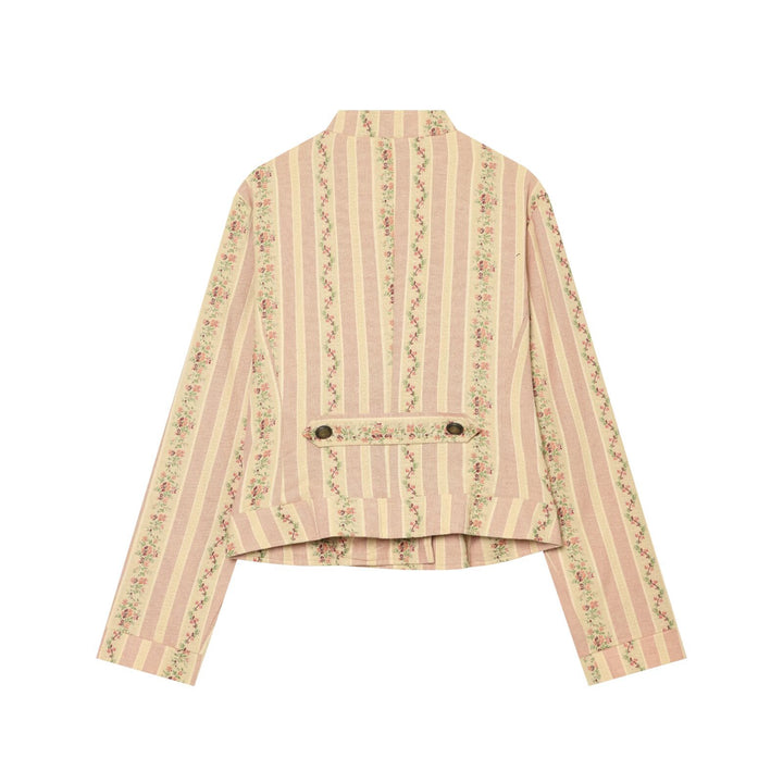 Women Striped Short Jacket in Vintage Look with Stand-Up Collar and Asymmetrical Button Placket Drune