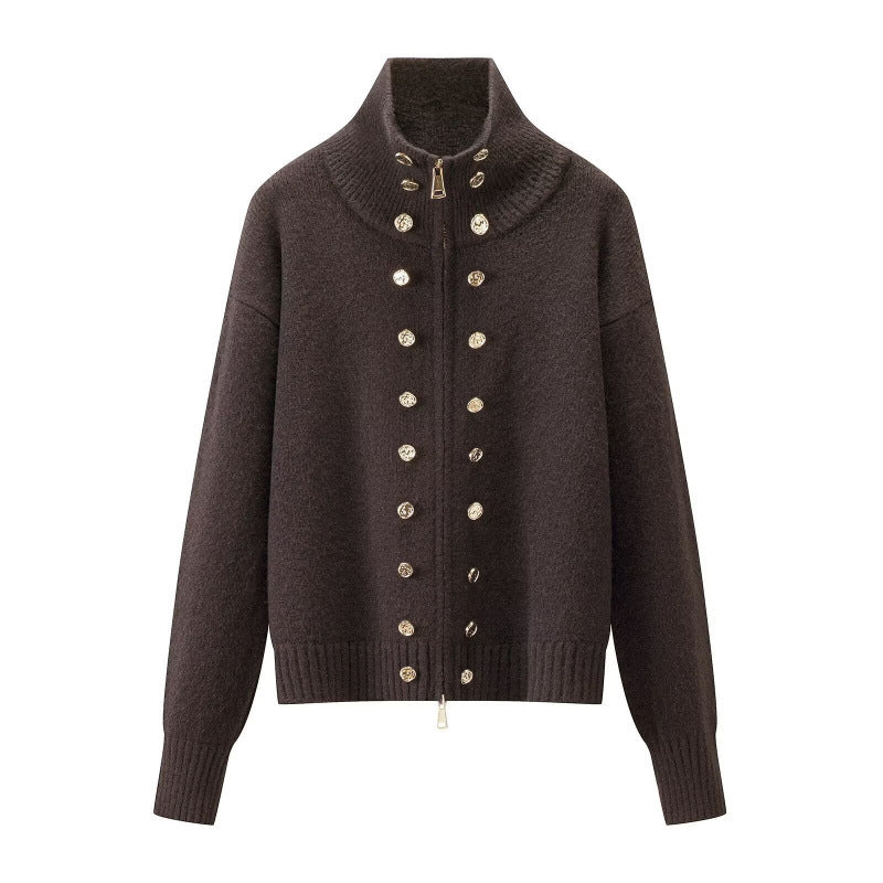 Women's Cropped Cardigan with High Standing Collar, Decorative Button Placket and Double Zipper Mune Fashion