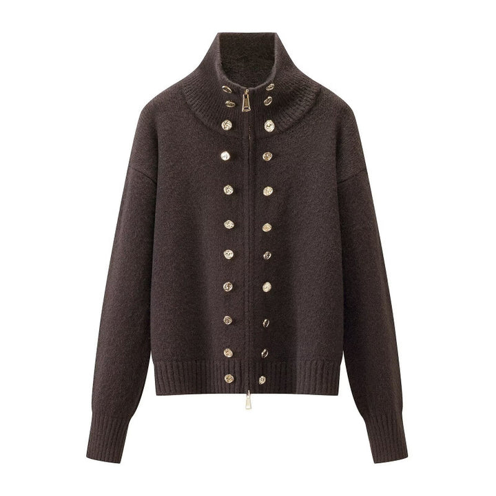 Women's Cropped Cardigan with High Standing Collar, Decorative Button Placket and Double Zipper Mune Fashion