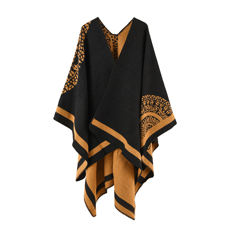 Women's Oversized Knit Poncho with Pattern Trim and Asymmetrical Hem Mune Fashion