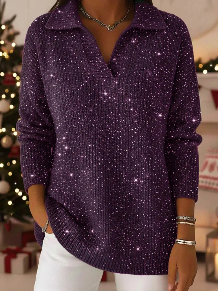 Women Elegant V-Pullover with Shiny Accents