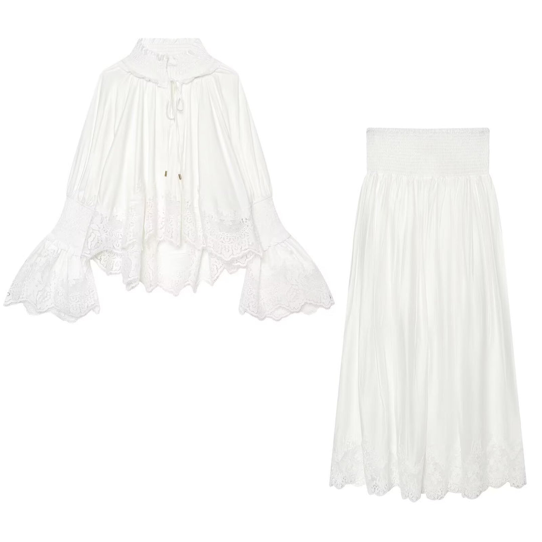 Ladies Romantic Blouse with Smocking Collar, Bell Sleeves and Lace Trim