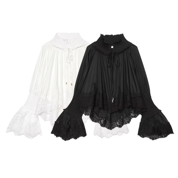 Women's blouse with high ruffle collar, embellished cuffs and lace trim Mune Fashion