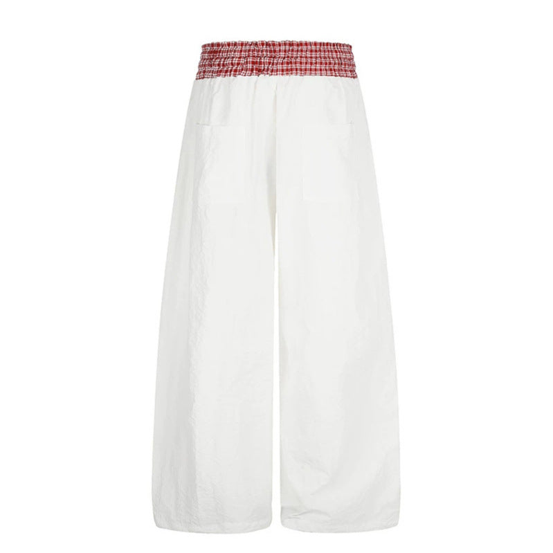Women's Palazzo Lounge Pants with High Drawstring Waist, Checkered Comfort Waistband and Star Applique Mune Fashion
