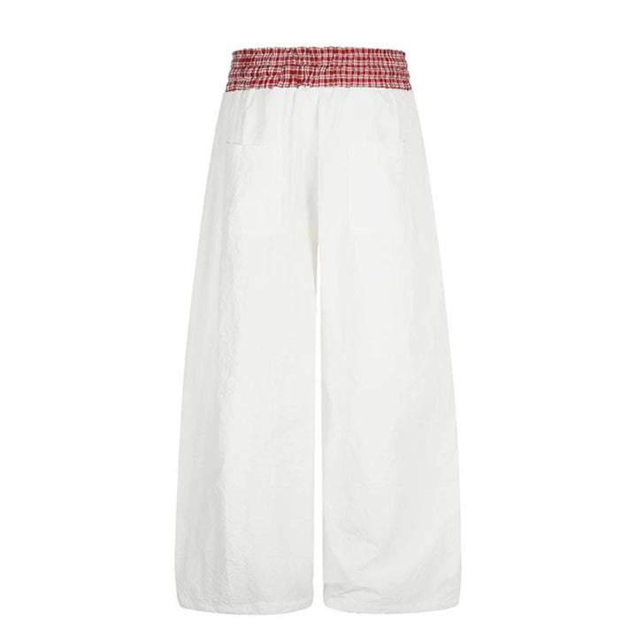 Women's Palazzo Lounge Pants with High Drawstring Waist, Checkered Comfort Waistband and Star Applique Mune Fashion