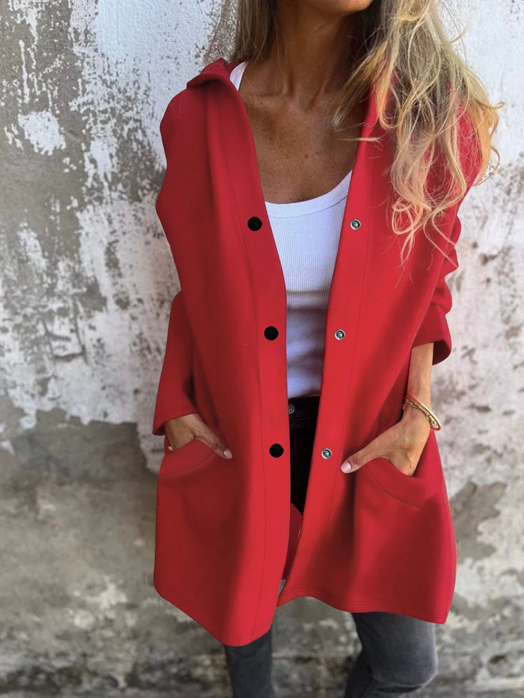 Women's Long Hooded Cardigan with Snap Button Placket, Side Pockets and Relaxed Silhouette Drune