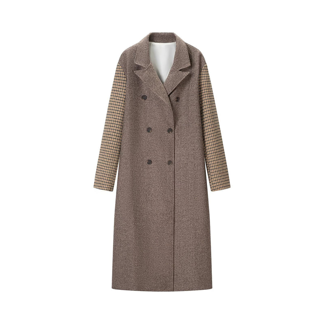 Women's elegant long coat with double-breasted, contrast sleeves and Glencheck details Mune Fashion