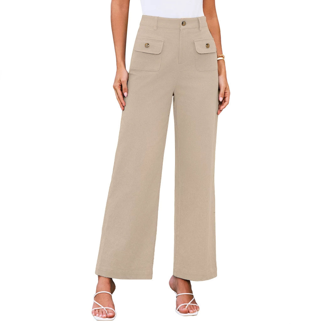 Women's High-Waist Wide-Leg Trousers with Button-Flap Patch Pockets Mune Fashion