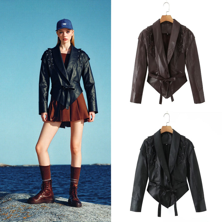 Women's tailored faux leather blazer with lacing details at the shoulders and tie belt Mune Fashion