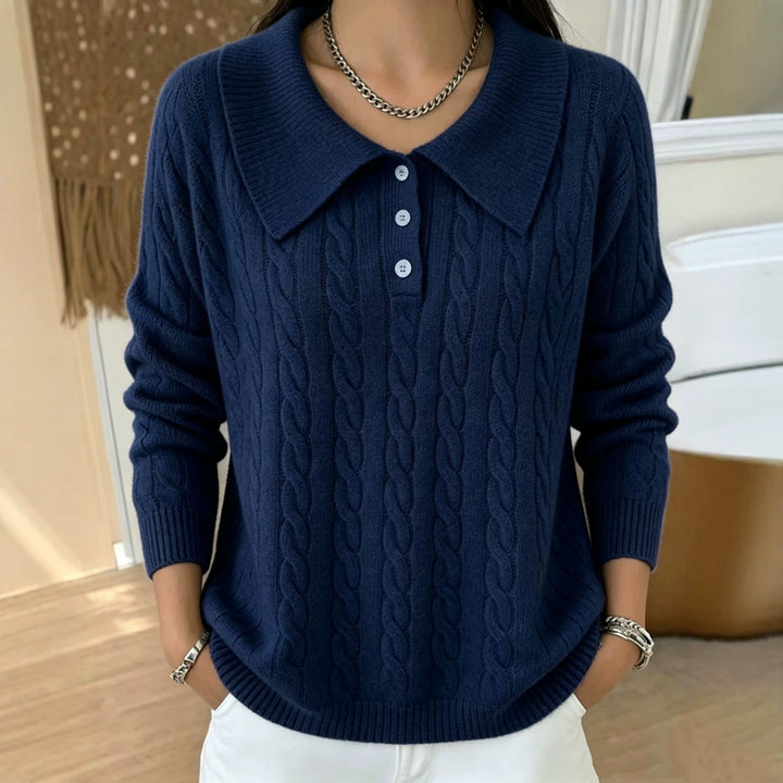 Women's cable knit polo sweater with large folded collar and relaxed silhouette Mune Fashion