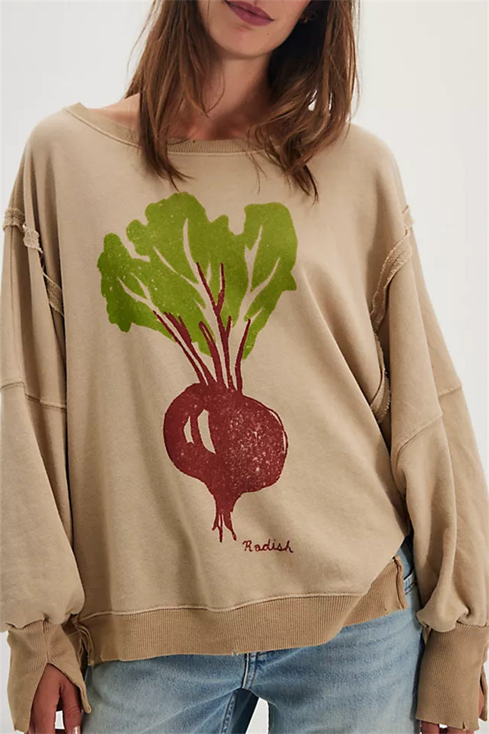 Women oversized sweatshirt with beet print, fringed seam accents and thumbhole sleeves Mune Fashion