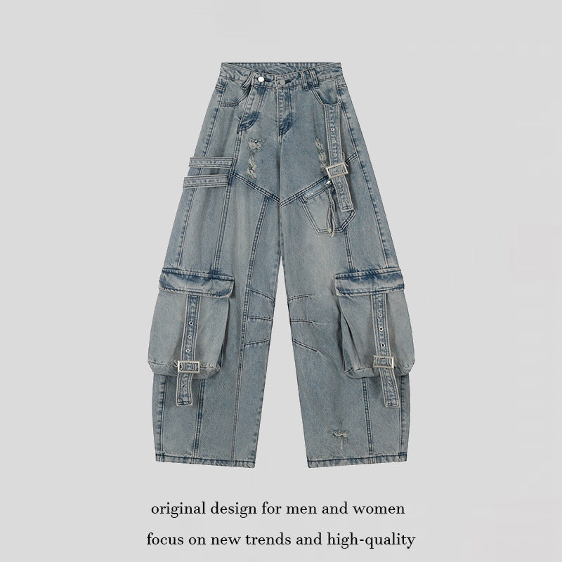 Women's wide jeans cargo culotte with tactical pockets, belt applications and used details Mune Fashion