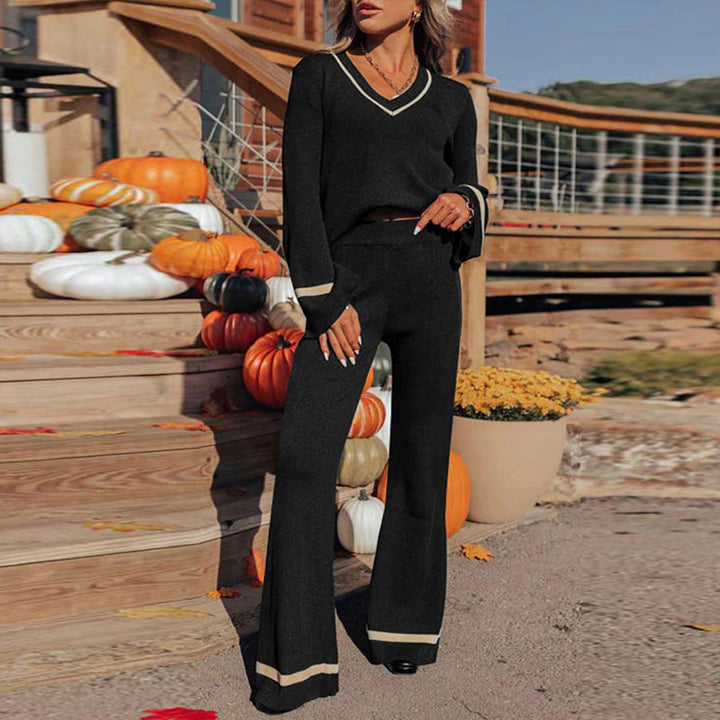 Women's Knit Relax Set with V-Neck and Wide Palazzo Pants Legs, Contrasting Cuffs Mune Fashion