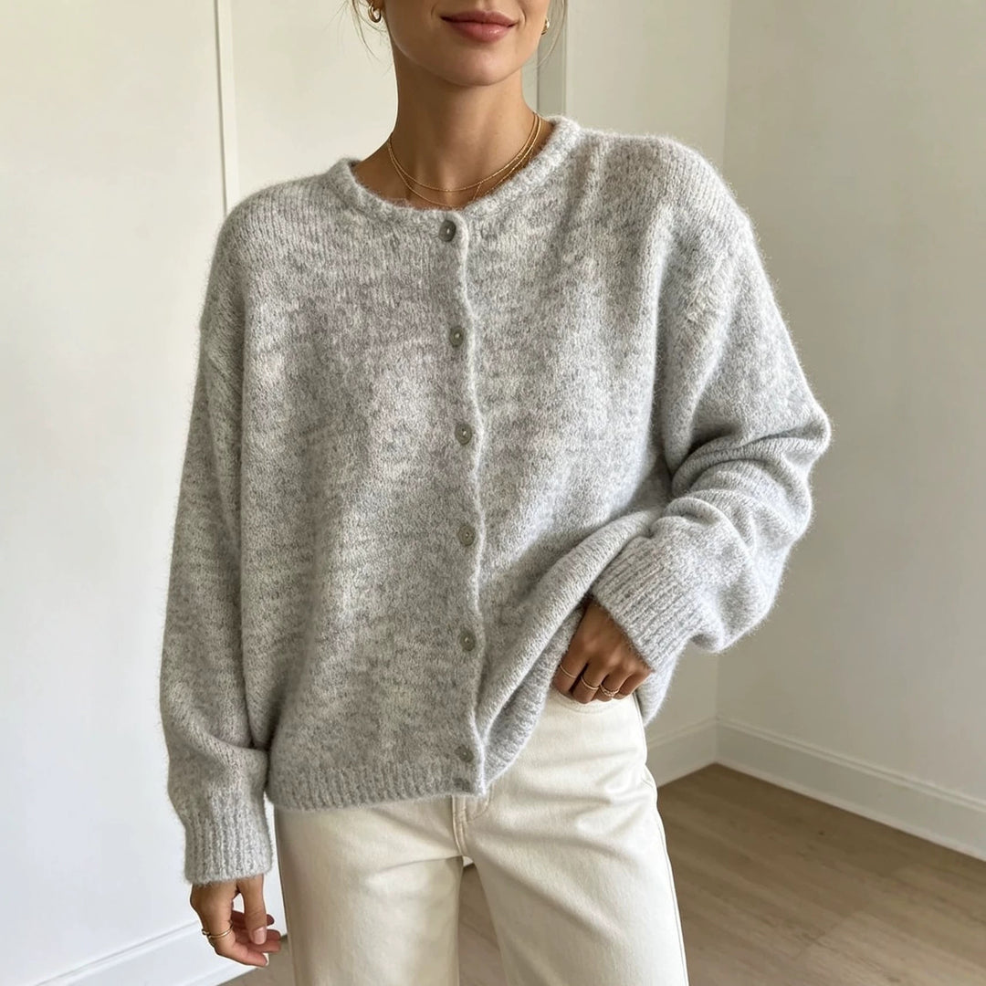 Ladies round neck cardigan with soft flormix, button closure and ribbed cuffs Mune Fashion