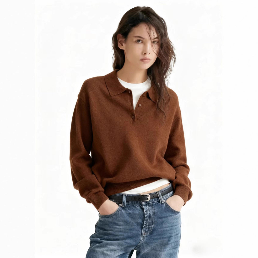 Women's fine-knit polo sweater with button placket and ribbed hem Drune