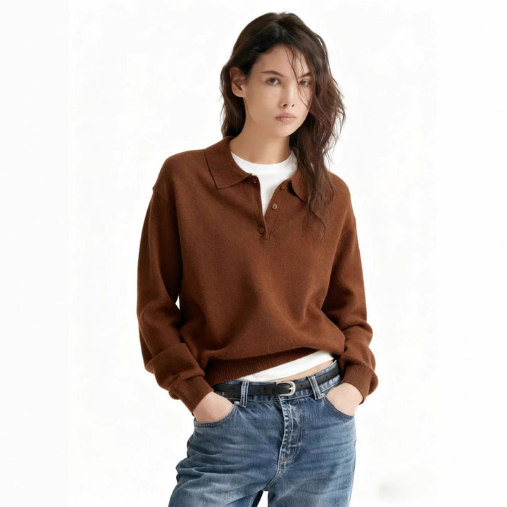 Women's fine-knit polo sweater with button placket and ribbed hem Drune