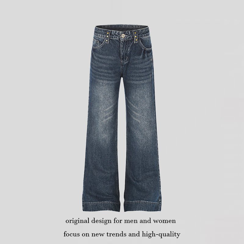 Women's Wide High-Waist Denim Palazzo Jeans with Wide Legs and Vintage Wash Mune Fashion