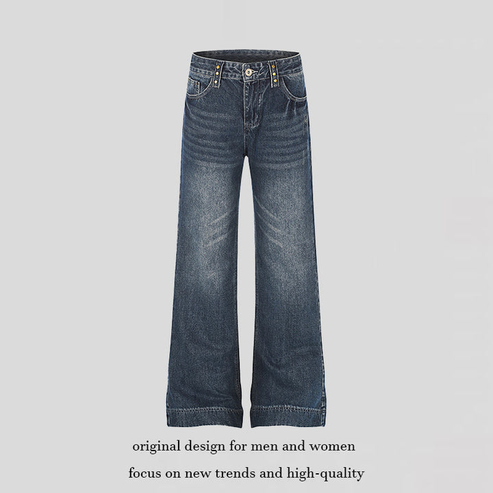 Women's Wide High-Waist Denim Palazzo Jeans with Wide Legs and Vintage Wash Mune Fashion