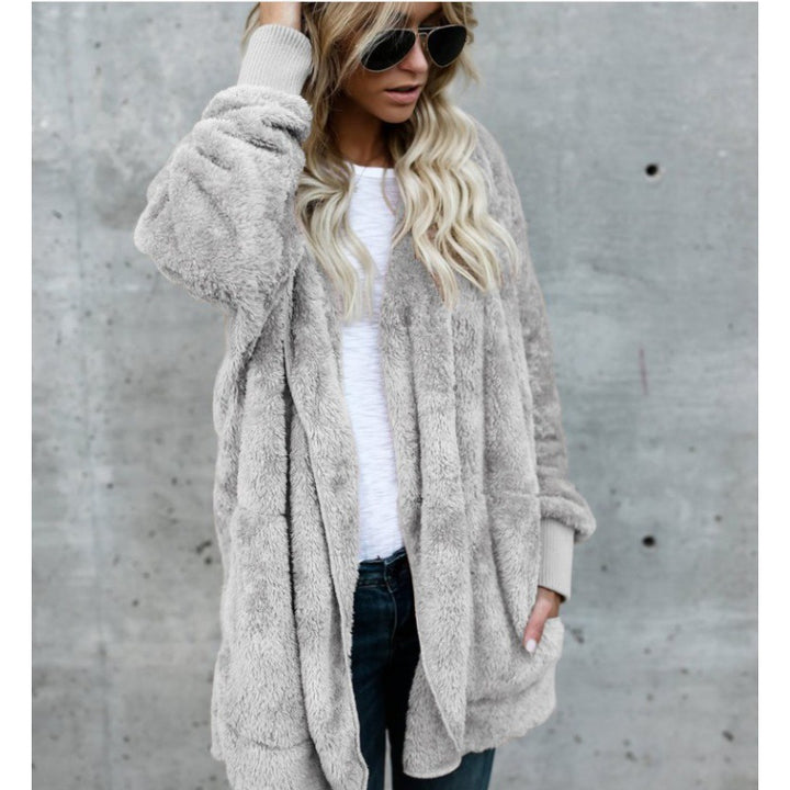 Women's Oversize Teddy Fleece Coat with Open Front, Side Pockets, and Ribbed Cuffs Mune Fashion