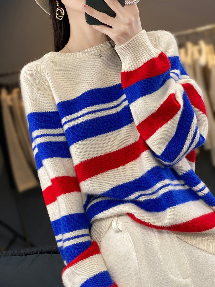 Women’s oversized striped sweater made of soft wool blend with nautical block stripes and round neck Mune Fashion