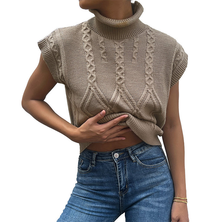 Women High-Quality Knit Top with Stand-Up Collar and Diamond Pattern Mune Fashion