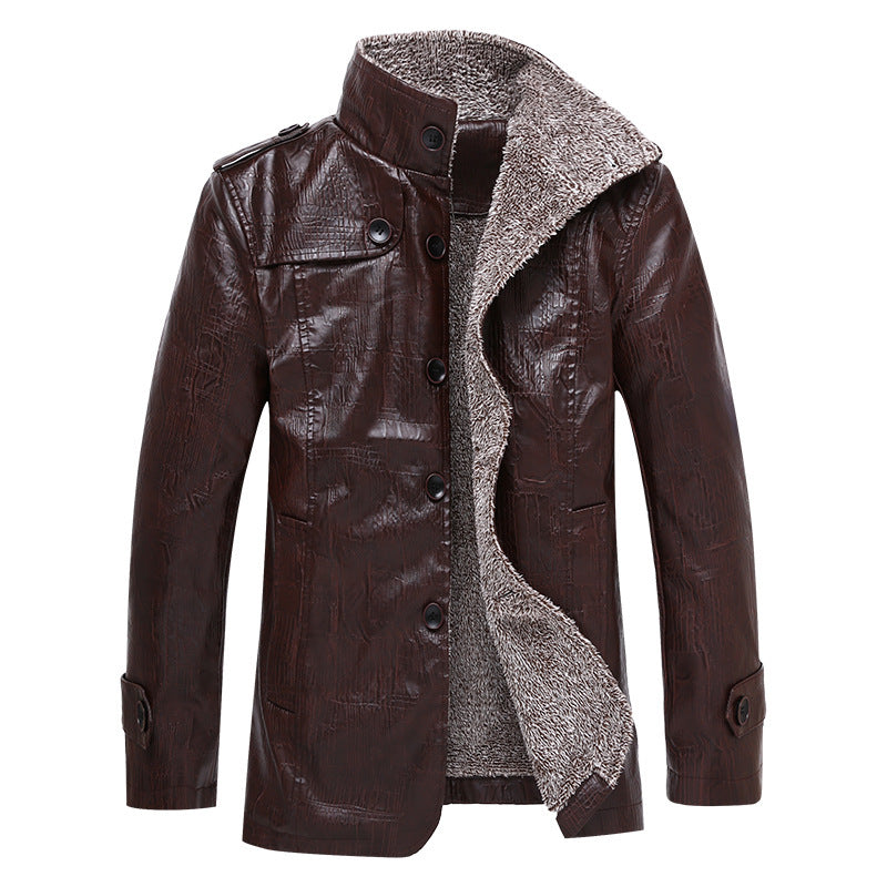 Men's Textured Faux Leather Midlayer Jacket with Teddy Fleece Lining, Stand Collar and Shoulder Patches Mune Fashion