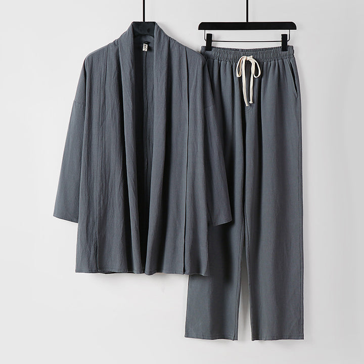 Unisex Casual Kimono Two-Piece Set made of breathable linen-viscose with open shawl collar and drawstring pants Mune Fashion