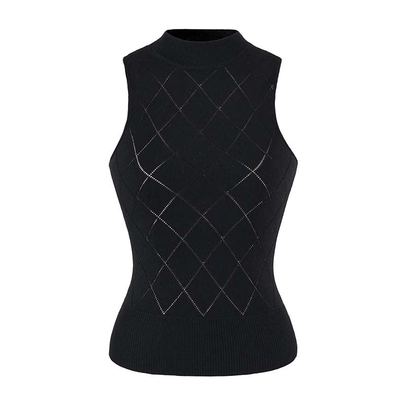 Women's Sleeveless Fine Knit Vest with Stand-Up Collar and Tailored Diamond Pattern Mune Fashion