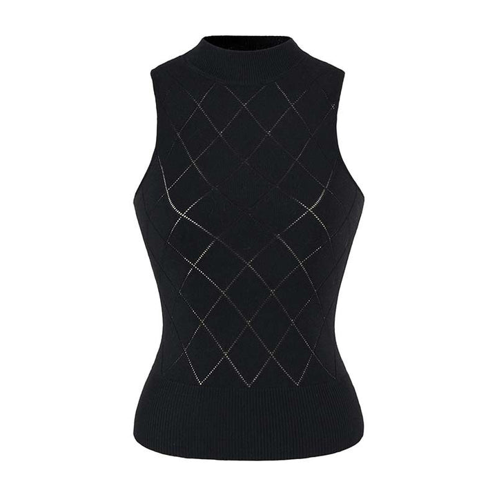 Women's Sleeveless Fine Knit Vest with Stand-Up Collar and Tailored Diamond Pattern Mune Fashion