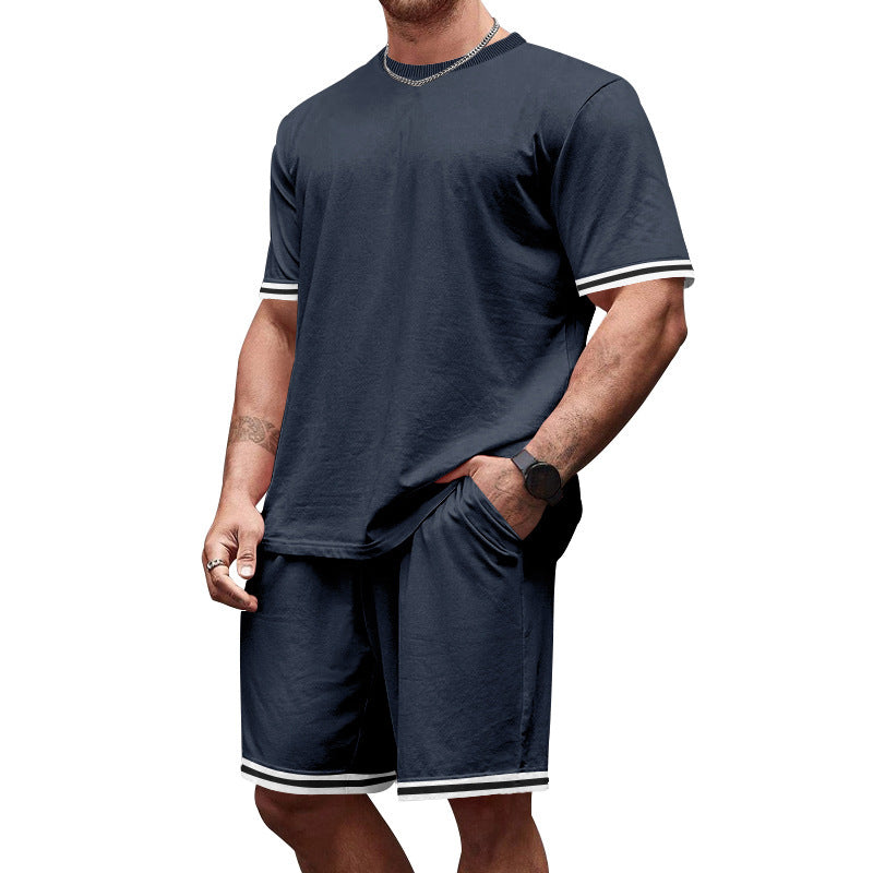 Men's casual jersey set consisting of short-sleeve shirt and bermuda shorts with contrasting stripes, elastic waistband, and insert pockets Mune Fashion