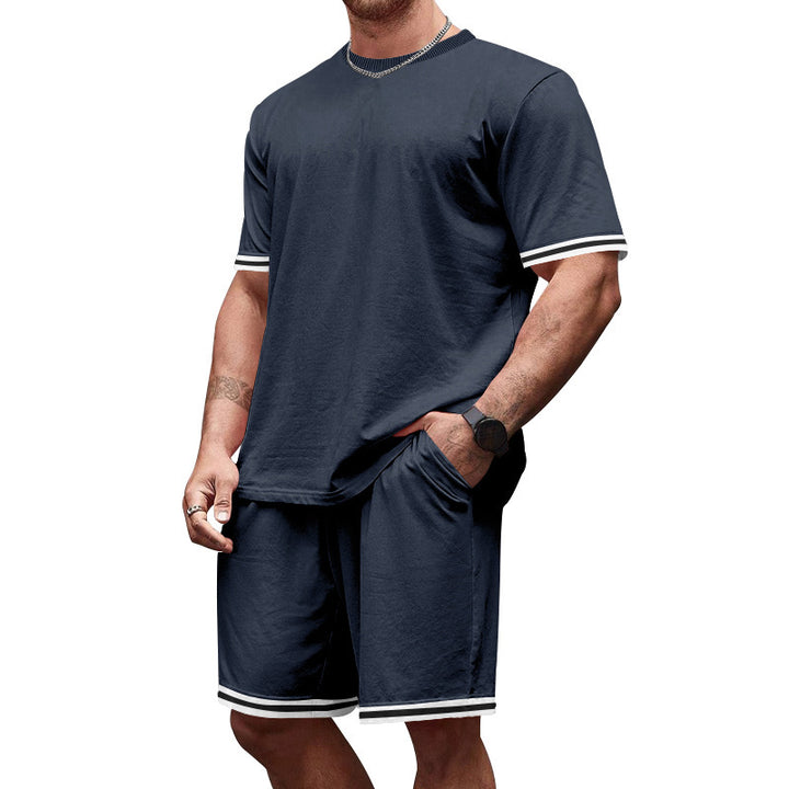 Men's casual jersey set consisting of short-sleeve shirt and bermuda shorts with contrasting stripes, elastic waistband, and insert pockets Mune Fashion