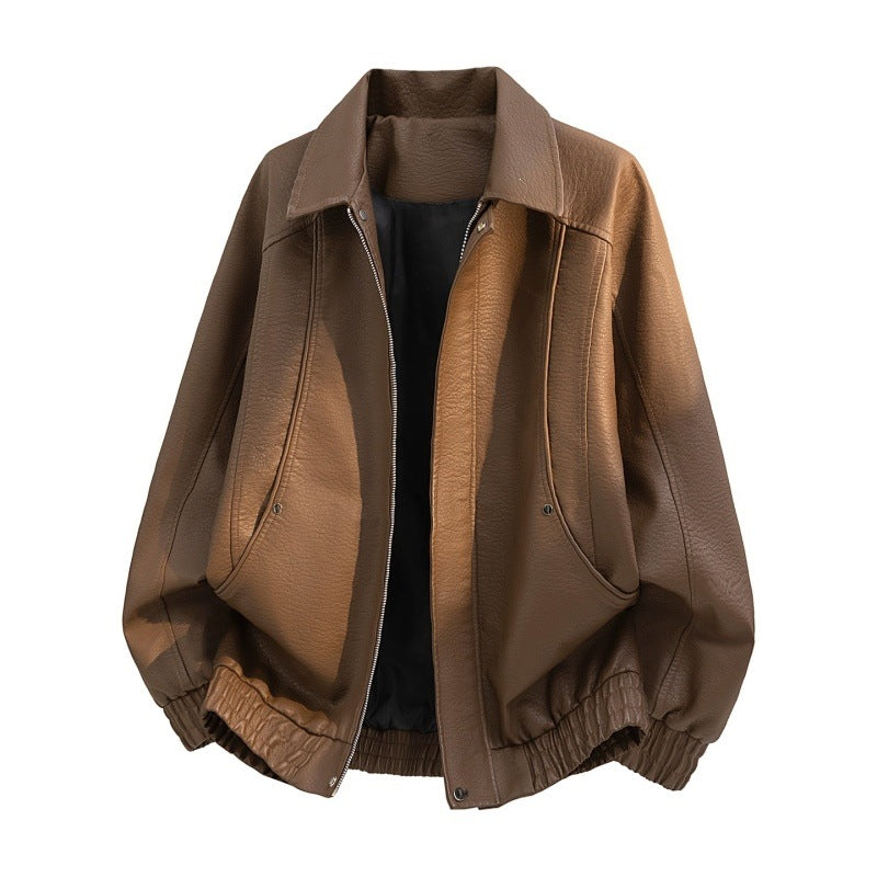 Men's Oversize Faux Leather Bomber Jacket with Zipper, Elastic Hem, and Side Pockets Mune Fashion