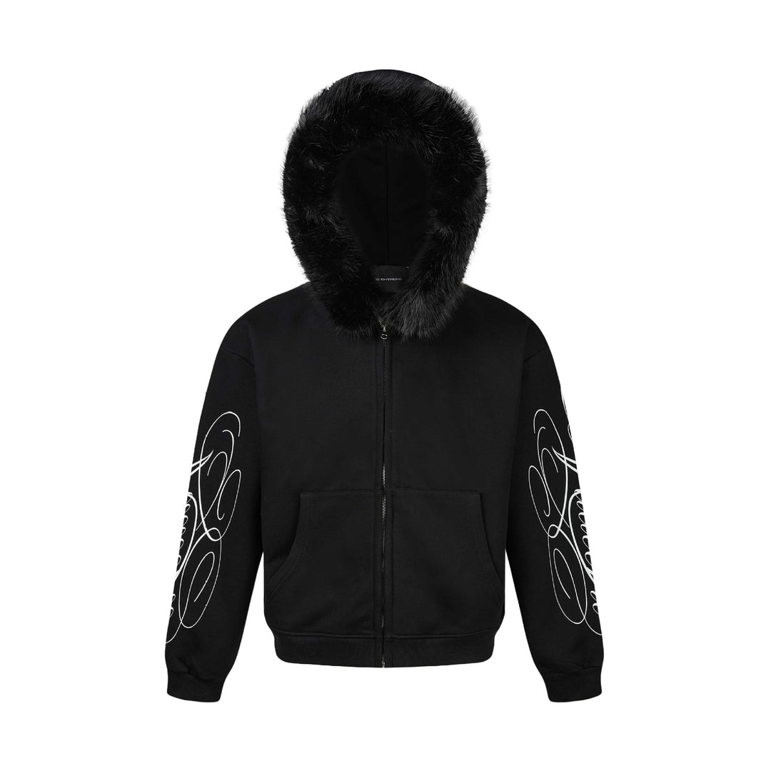 Unisex Oversize Hoodie Jacket made of cotton blend with removable faux fur trim and graphic sleeve prints Mune Fashion