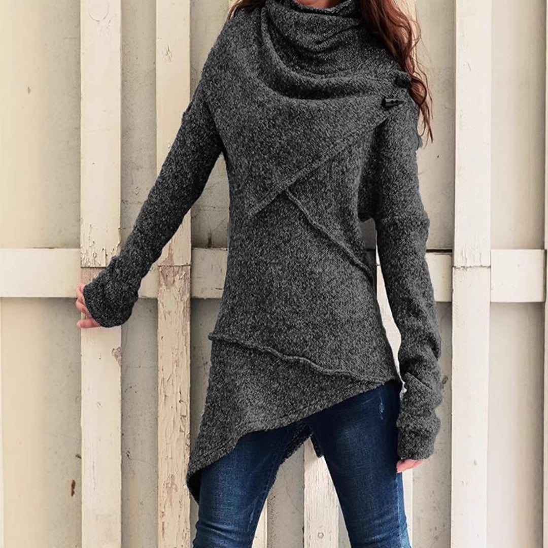 Women's Asymmetrical Boucle Knit Sweater with Large Shawl Collar Mune Fashion