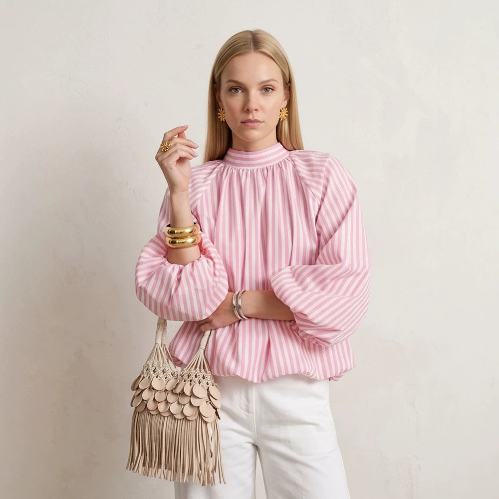 Women Backless Striped Blouse Top with Bow Collar Mune Fashion