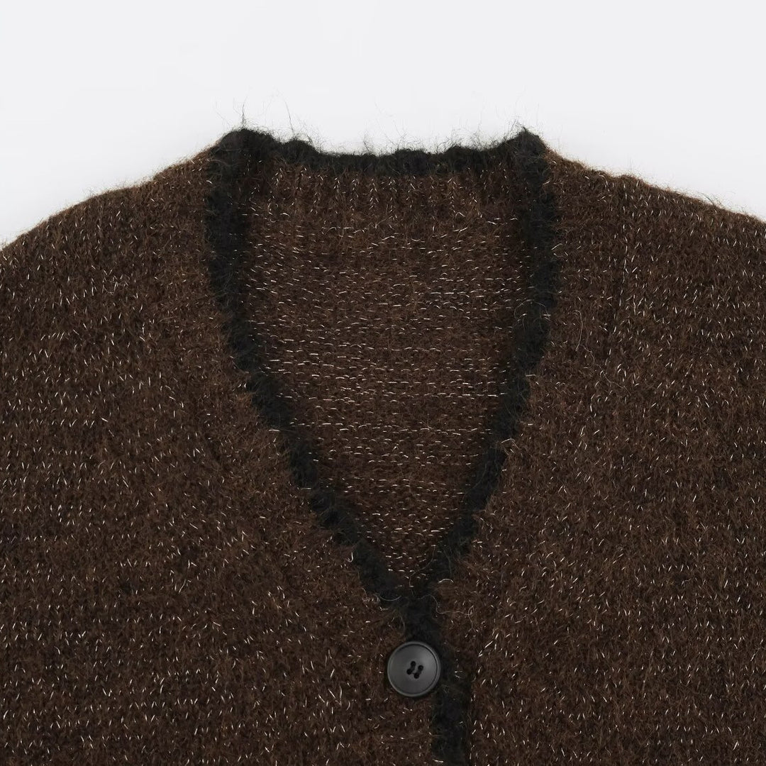 Women's Oversize Knit Cardigan with V-Neck, Button Placket and Contrasting Decorative Edges Mune Fashion
